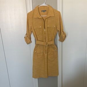 Sharagano Women's Mustard Long Sleeve Belted Dress